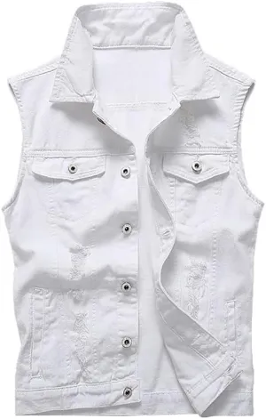 Men's Jean Vest Punk Style Slim Fit Sleeveless Lapel Button Down Fashion Casual Denim Vest Jacket with Rivets