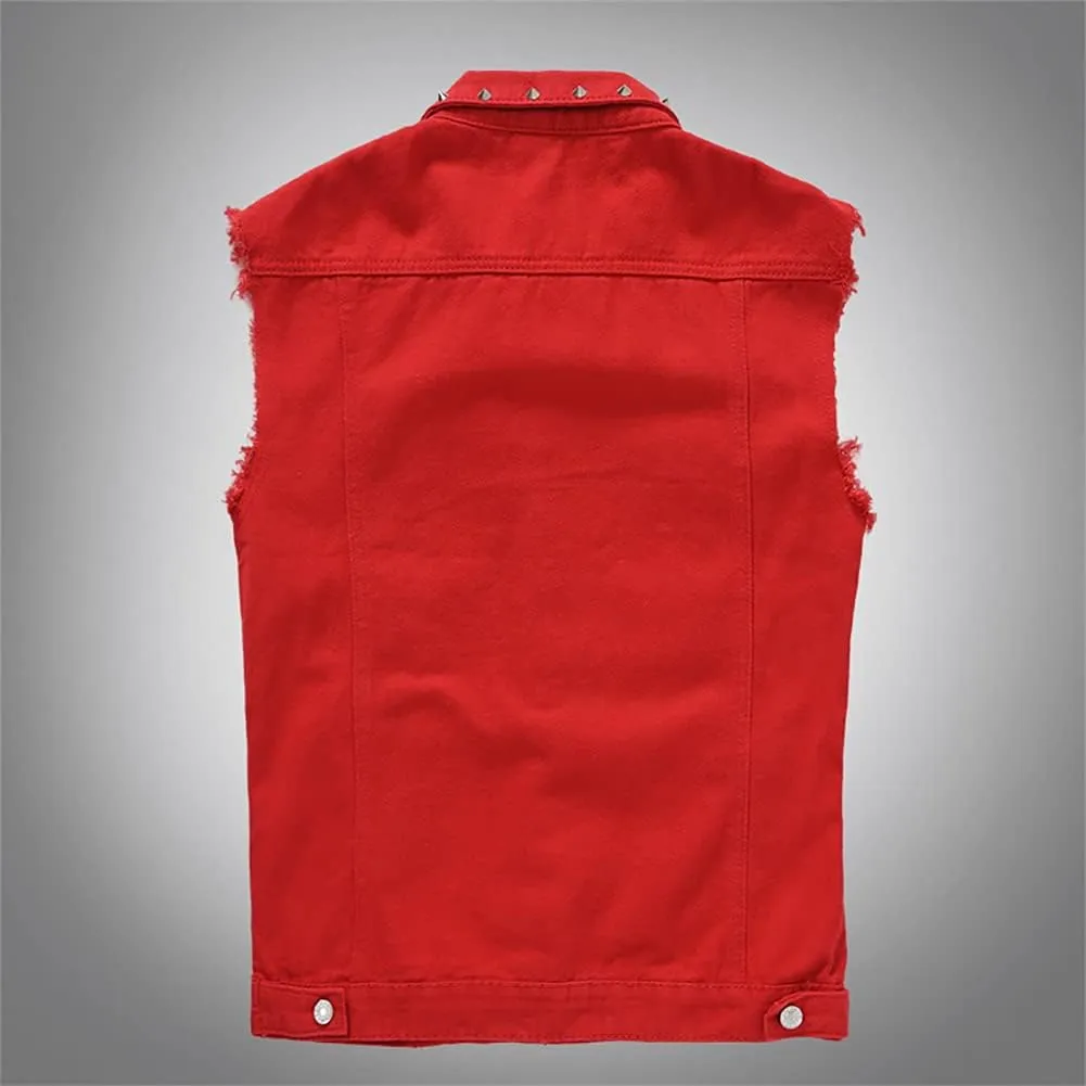 Men's Jean Vest Punk Style Slim Fit Sleeveless Lapel Button Down Fashion Casual Denim Vest Jacket with Rivets
