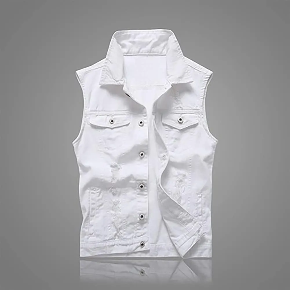 Men's Jean Vest Punk Style Slim Fit Sleeveless Lapel Button Down Fashion Casual Denim Vest Jacket with Rivets