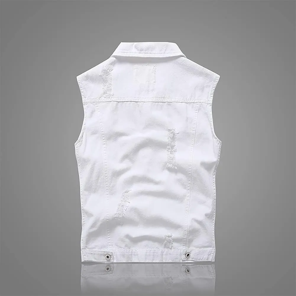 Men's Jean Vest Punk Style Slim Fit Sleeveless Lapel Button Down Fashion Casual Denim Vest Jacket with Rivets