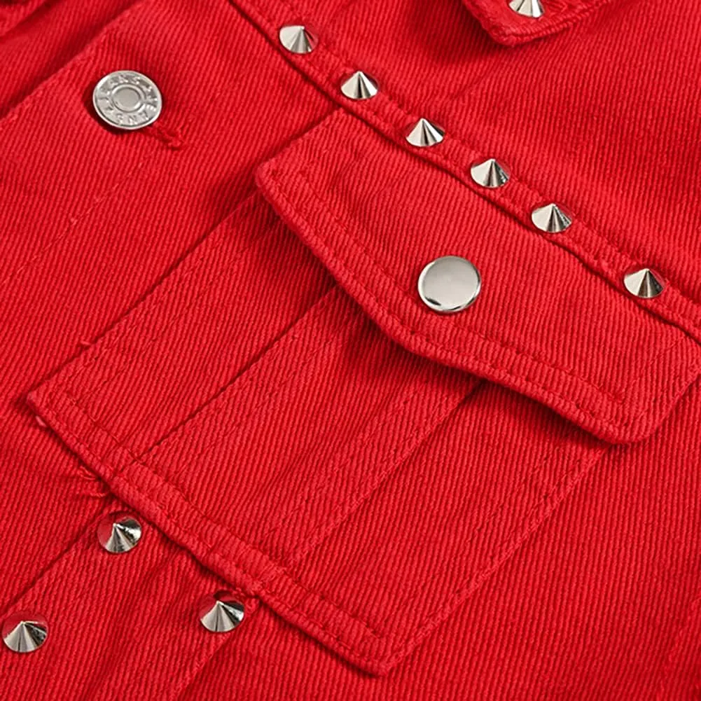 Men's Jean Vest Punk Style Slim Fit Sleeveless Lapel Button Down Fashion Casual Denim Vest Jacket with Rivets