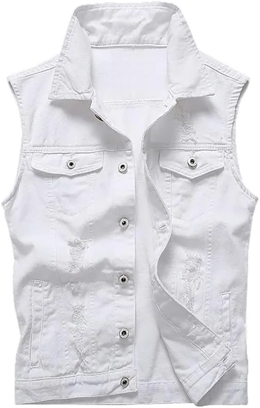 Men's Jean Vest Punk Style Slim Fit Sleeveless Lapel Button Down Fashion Casual Denim Vest Jacket with Rivets
