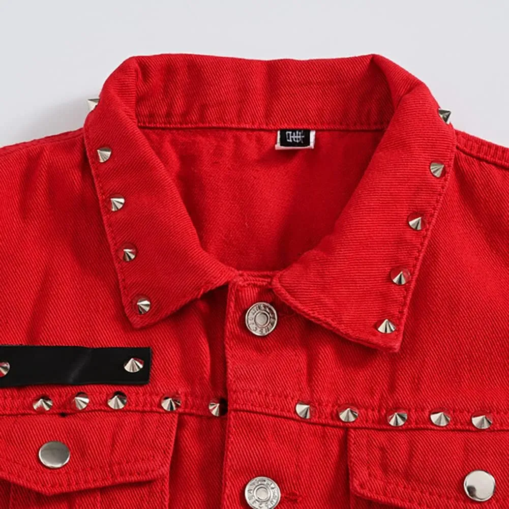 Men's Jean Vest Punk Style Slim Fit Sleeveless Lapel Button Down Fashion Casual Denim Vest Jacket with Rivets