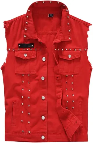 Men's Jean Vest Punk Style Slim Fit Sleeveless Lapel Button Down Fashion Casual Denim Vest Jacket with Rivets