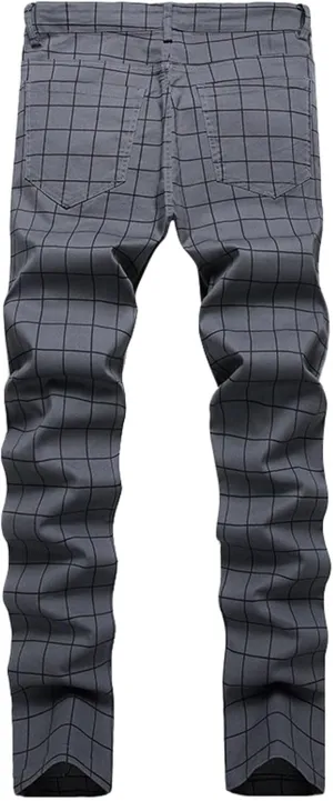 Mens Jeans Slim Fit Casual Plaid Comfort Flex Waist Denim Pants Straight Leg Fashion Skinny Jeans Trousers