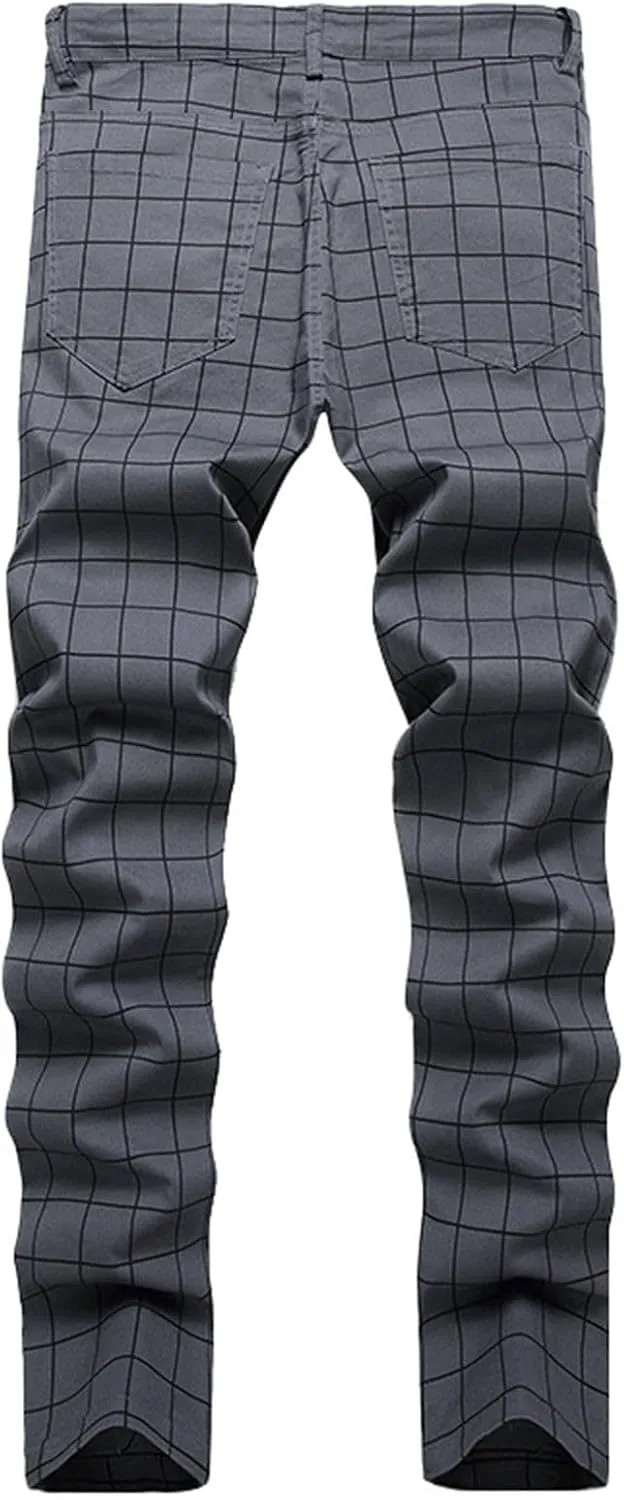 Mens Jeans Slim Fit Casual Plaid Comfort Flex Waist Denim Pants Straight Leg Fashion Skinny Jeans Trousers