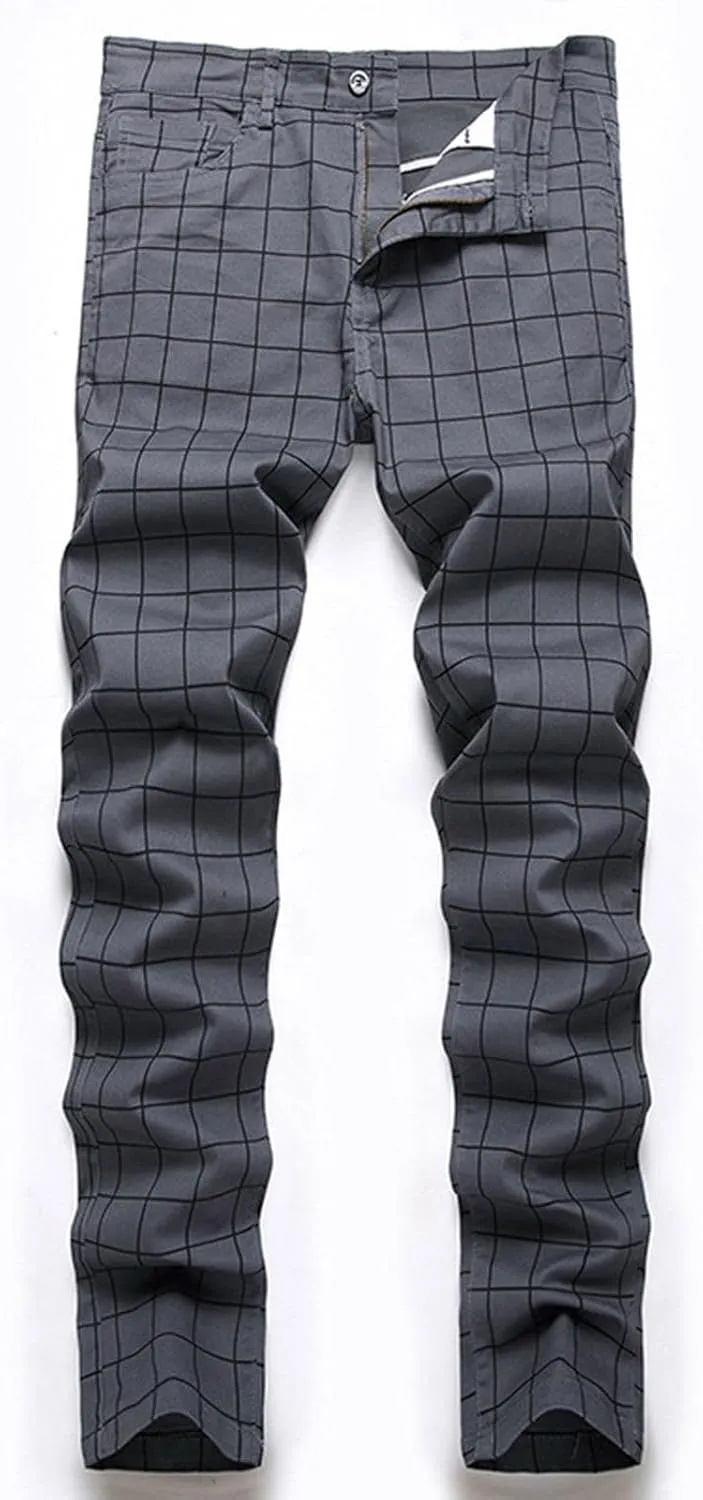 Mens Jeans Slim Fit Casual Plaid Comfort Flex Waist Denim Pants Straight Leg Fashion Skinny Jeans Trousers