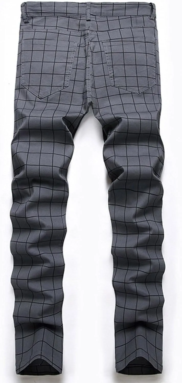 Mens Jeans Slim Fit Casual Plaid Comfort Flex Waist Denim Pants Straight Leg Fashion Skinny Jeans Trousers