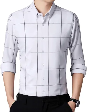 Men's Light Business Casual Summer Iron-Free Shirt Long Sleeve Plaid Lapel Shirt Fit Wrinkle-Free Plaid Shirts