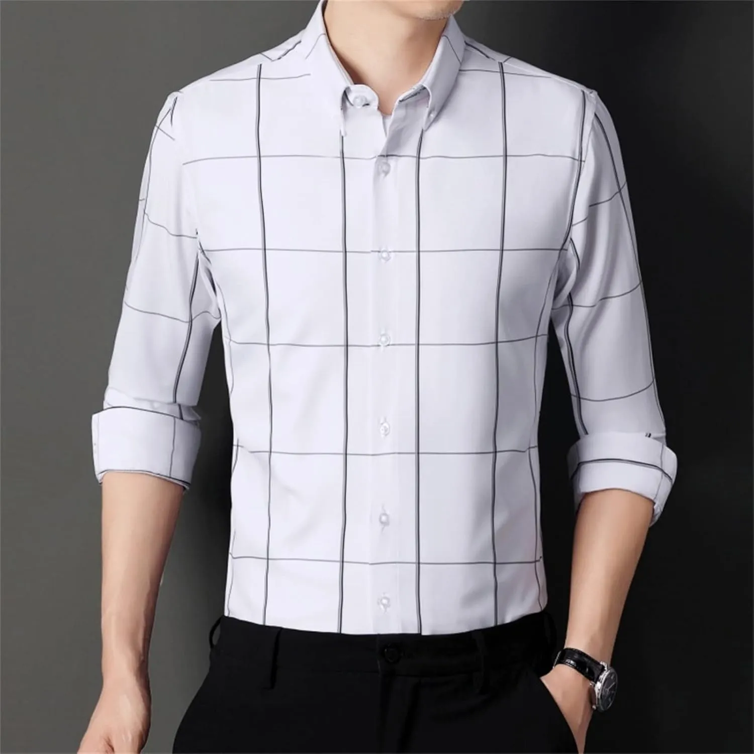 Men's Light Business Casual Summer Iron-Free Shirt Long Sleeve Plaid Lapel Shirt Fit Wrinkle-Free Plaid Shirts