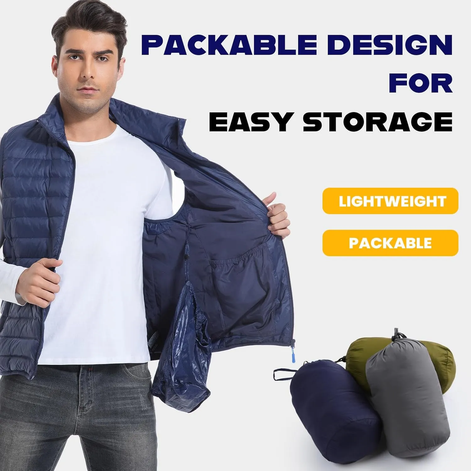 Men's Lightweight Packable Down Vest Winter Stand Collar Water-Resistant Puffer Outerwear for Golf