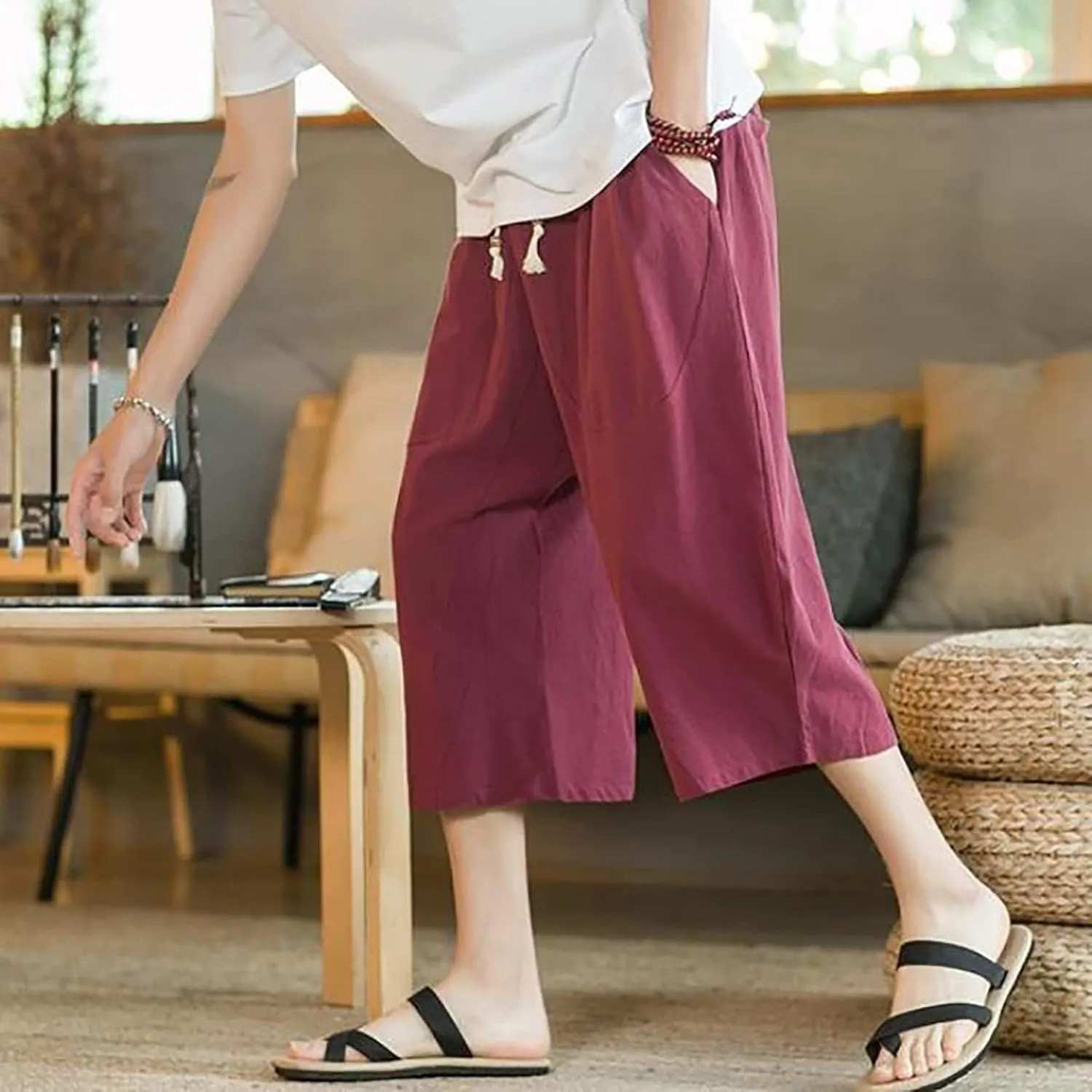Mens Linen Cotton Harem Capri Pants Elastic Waist Casual Baggy Cotton Yoga Boho Pants 3/4 Summer Drawstring Beach Pant