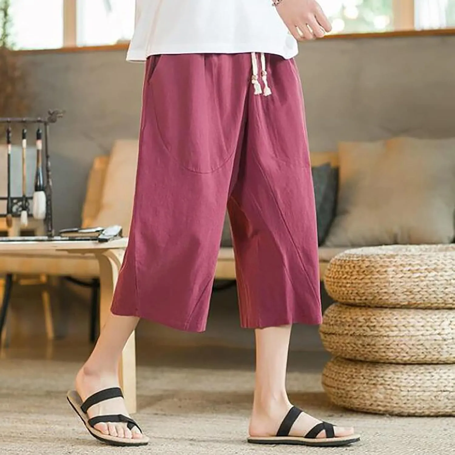 Mens Linen Cotton Harem Capri Pants Elastic Waist Casual Baggy Cotton Yoga Boho Pants 3/4 Summer Drawstring Beach Pant