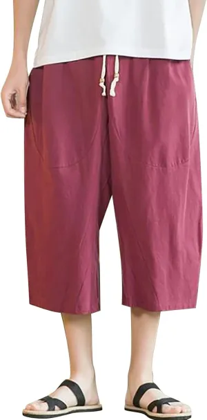 Mens Linen Cotton Harem Capri Pants Elastic Waist Casual Baggy Cotton Yoga Boho Pants 3/4 Summer Drawstring Beach Pant