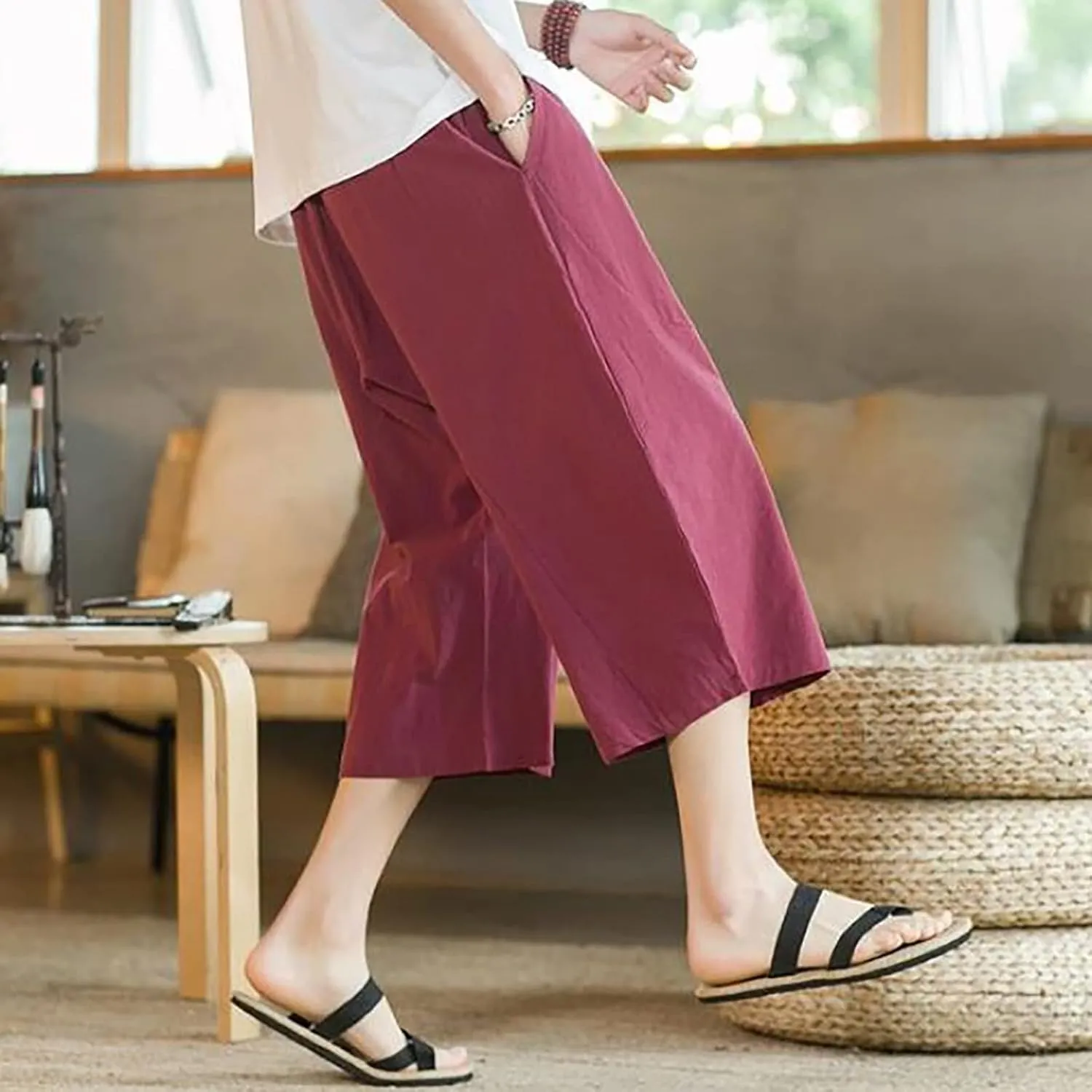 Mens Linen Cotton Harem Capri Pants Elastic Waist Casual Baggy Cotton Yoga Boho Pants 3/4 Summer Drawstring Beach Pant