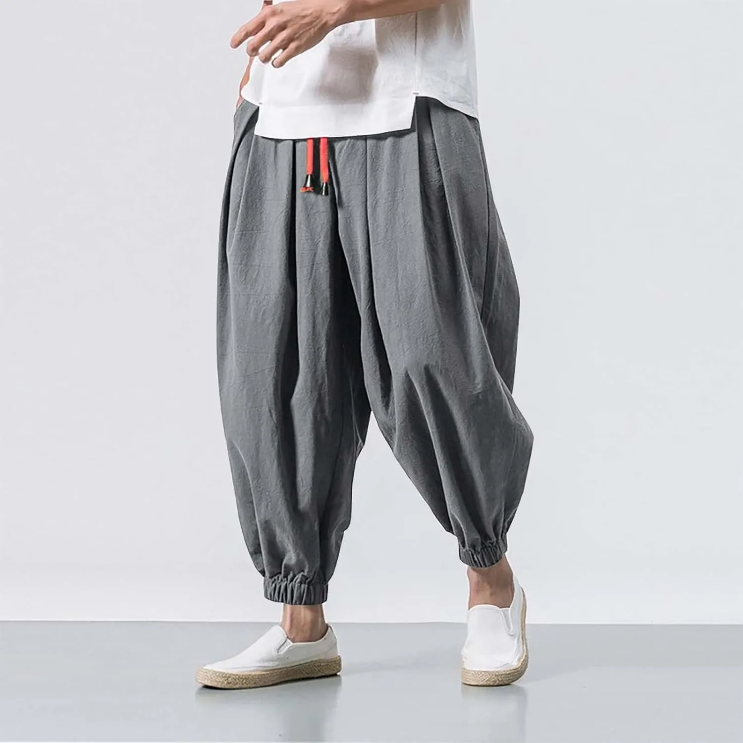 Mens Linen Harem Pants Elastic Waist Drawstring Casual Beach Yoga Crop Trousers Big and Tall Wide Leg Loose Sweatpant