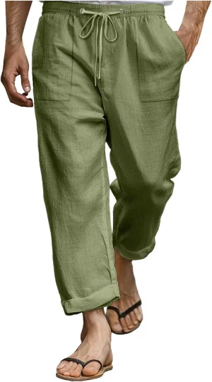 Mens Linen Pants Elastic Waist Drawstring Loose Fit Casual Summer Beach Pants with Pockets Wide Leg Baggy Trousers