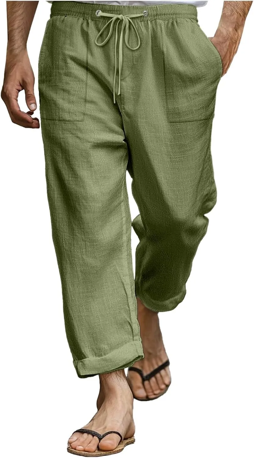 Mens Linen Pants Elastic Waist Drawstring Loose Fit Casual Summer Beach Pants with Pockets Wide Leg Baggy Trousers
