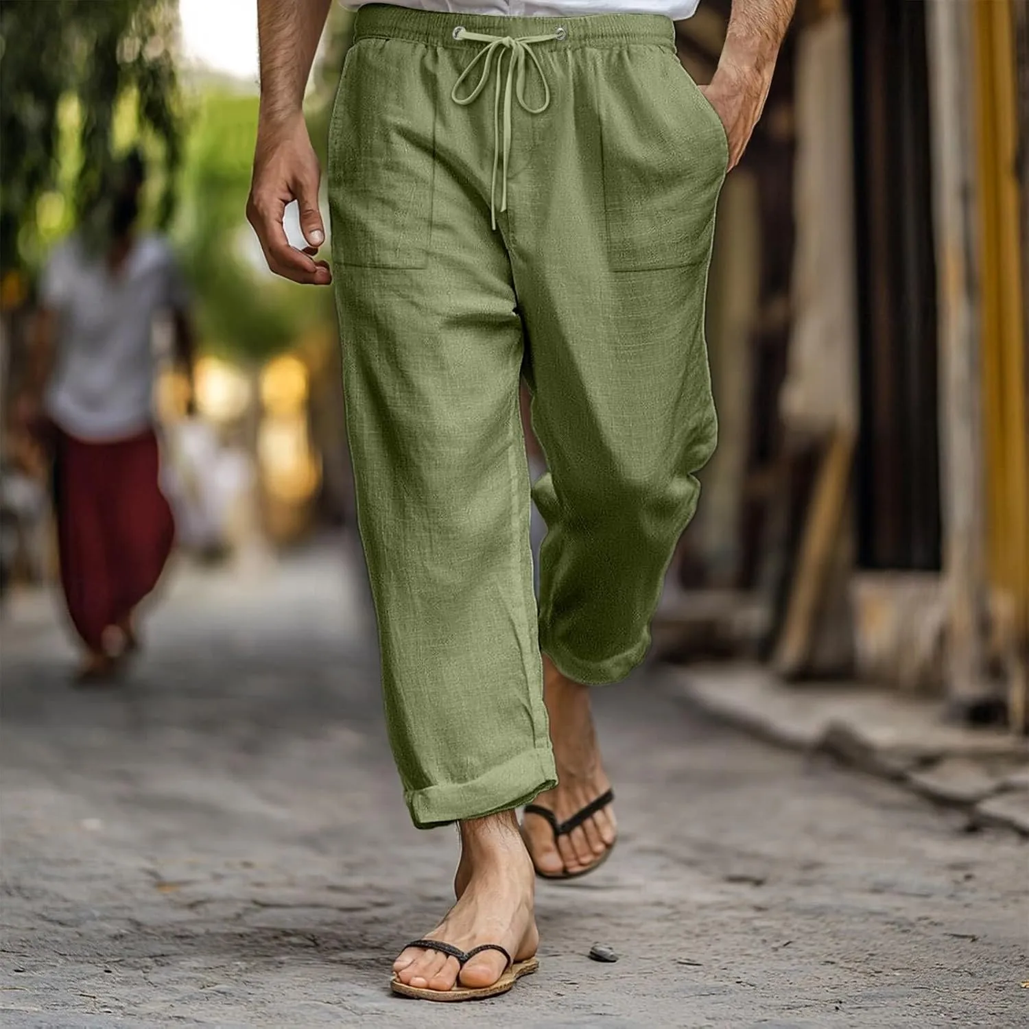 Mens Linen Pants Elastic Waist Drawstring Loose Fit Casual Summer Beach Pants with Pockets Wide Leg Baggy Trousers