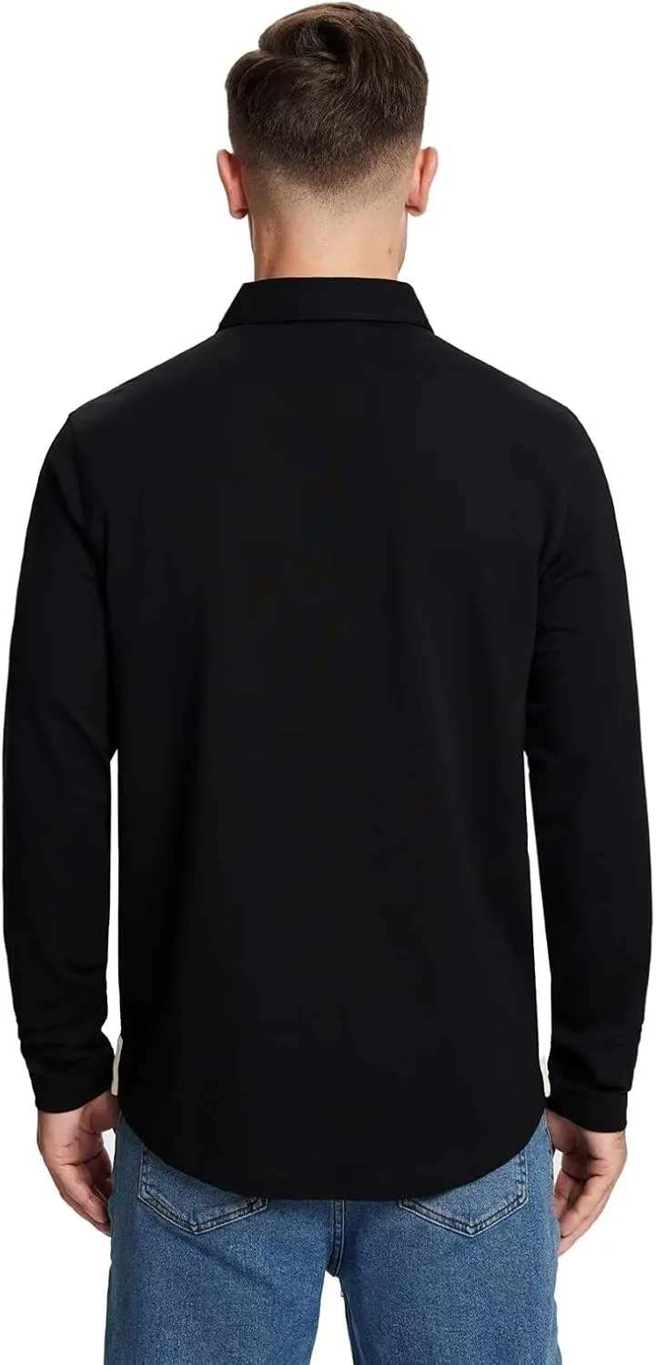 Mens Long and Short Sleeve Polo Shirts Pocket Casual Solid Cotton Blend Drop Cut Collared Polo Shirts for Men
