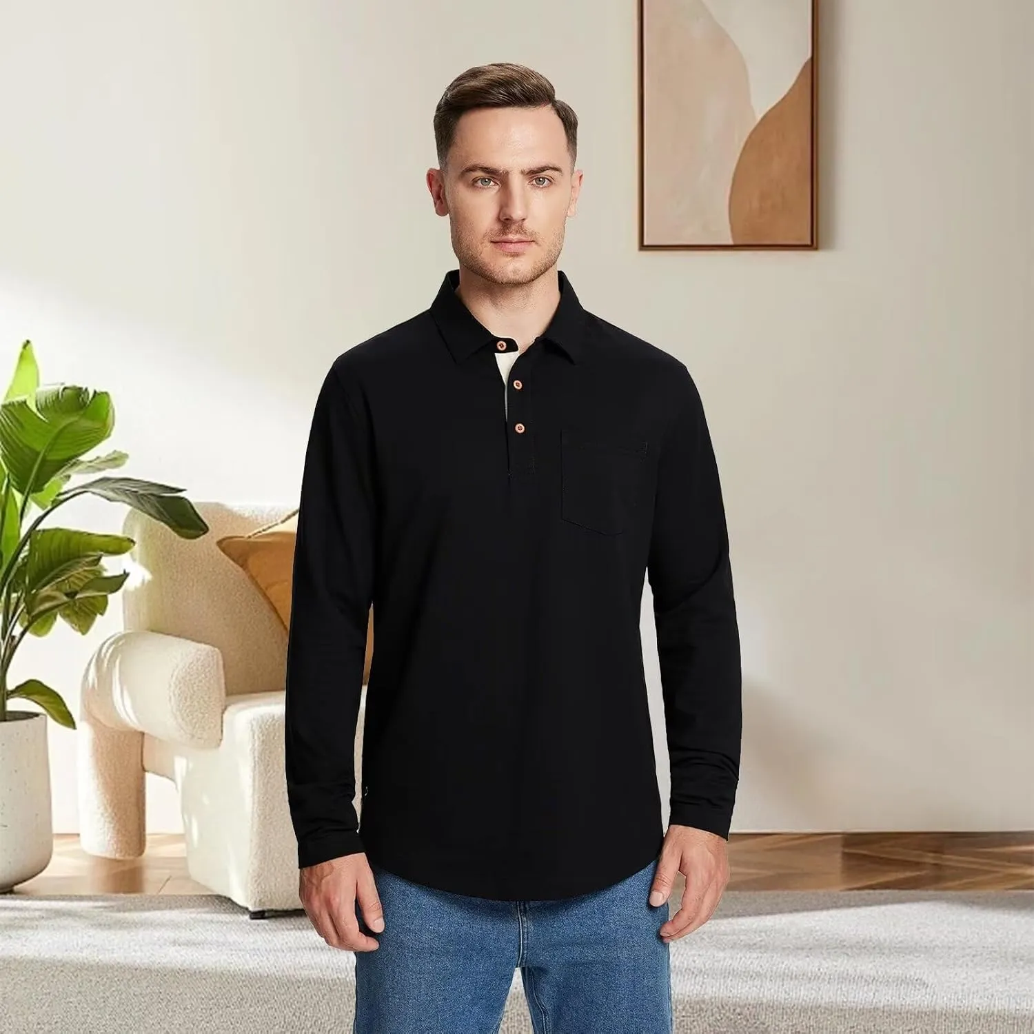 Mens Long and Short Sleeve Polo Shirts Pocket Casual Solid Cotton Blend Drop Cut Collared Polo Shirts for Men