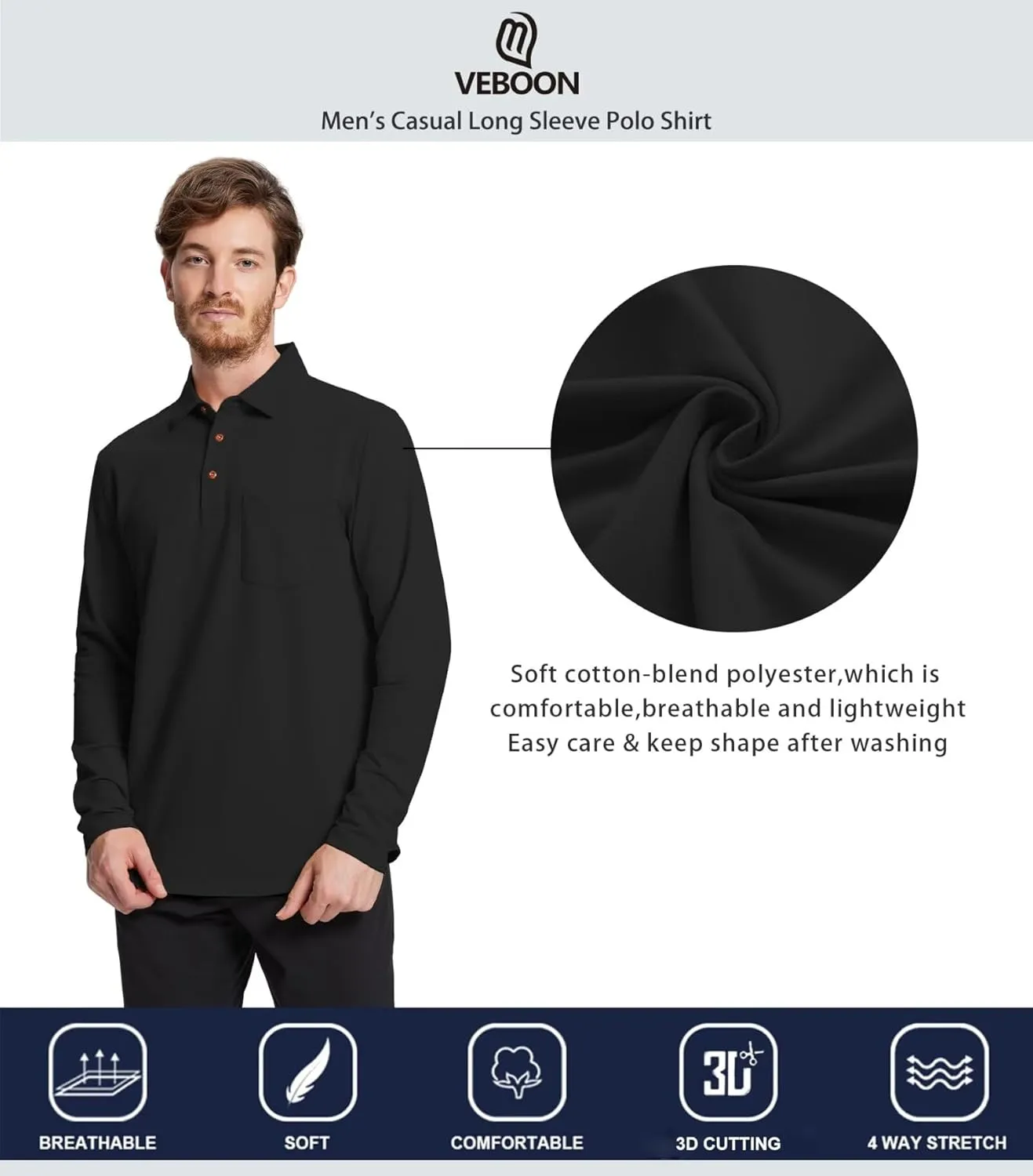 Mens Long and Short Sleeve Polo Shirts Pocket Casual Solid Cotton Blend Drop Cut Collared Polo Shirts for Men