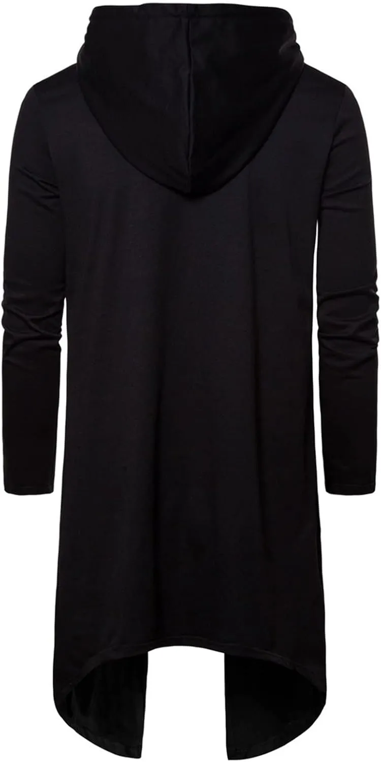 Mens Long Sleeve Draped Cardigans Long Shawl Ruffle Poncho Cape Cloak Coat Casual Pullover With Hooded Pockets
