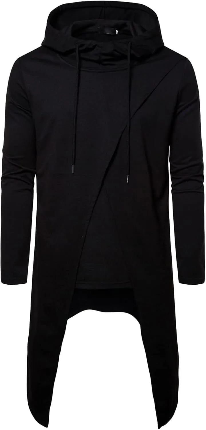 Mens Long Sleeve Draped Cardigans Long Shawl Ruffle Poncho Cape Cloak Coat Casual Pullover With Hooded Pockets