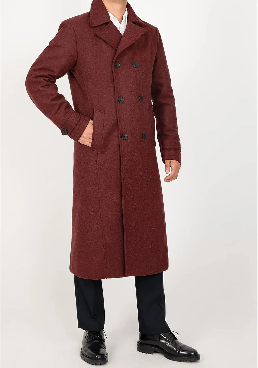 Men's Long Wool Blend Coat Double Breasted Trench Pea Coat Winter Wool Overcoat Top Coat