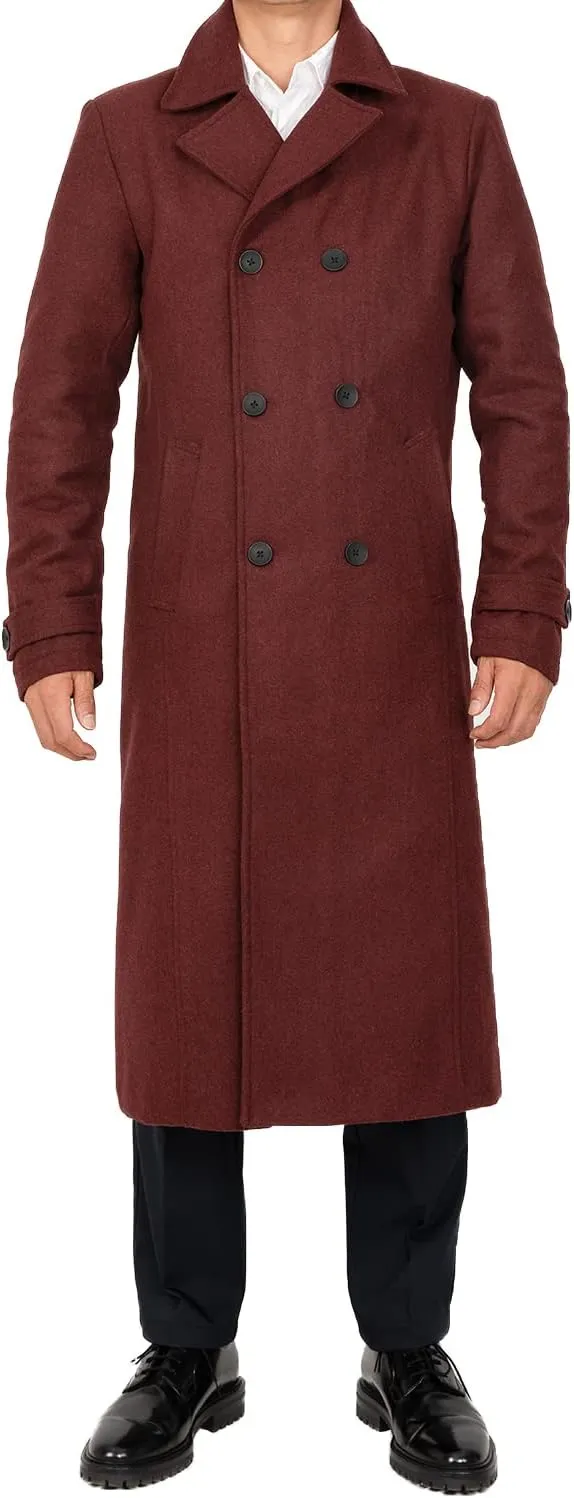 Men's Long Wool Blend Coat Double Breasted Trench Pea Coat Winter Wool Overcoat Top Coat
