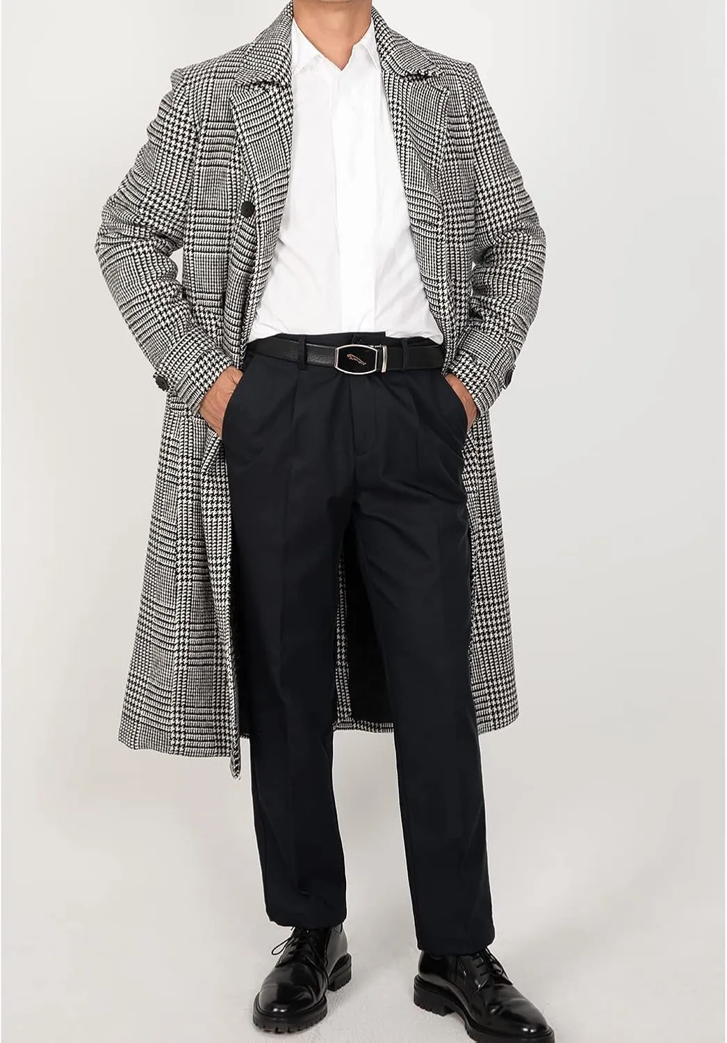 Men's Long Wool Blend Coat Double Breasted Trench Pea Coat Winter Wool Overcoat Top Coat