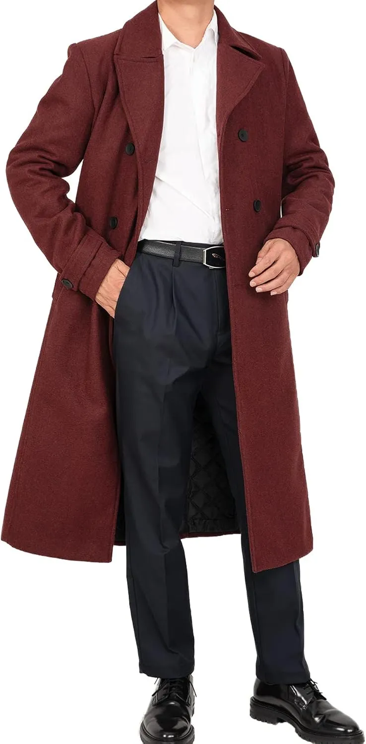 Men's Long Wool Blend Coat Double Breasted Trench Pea Coat Winter Wool Overcoat Top Coat