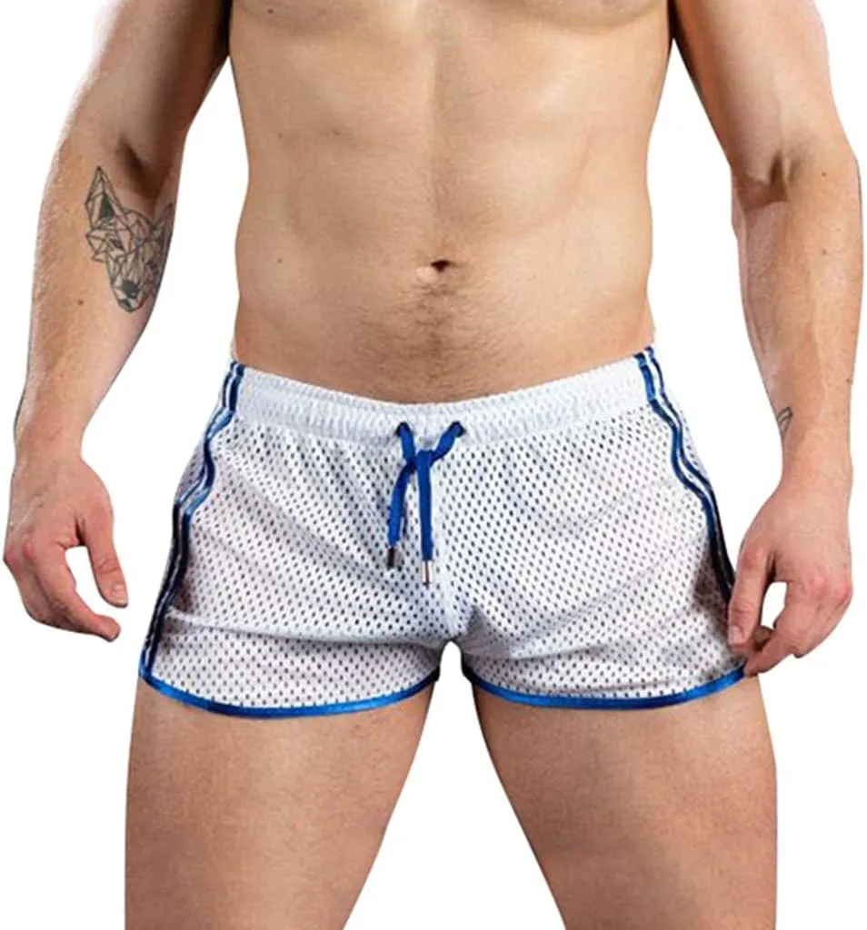 Mens Mesh Gay Shorts,Hot See Through Lightweight 3 Inch Summer Booty Bottoms Fast Dry Side Stripes Trunks