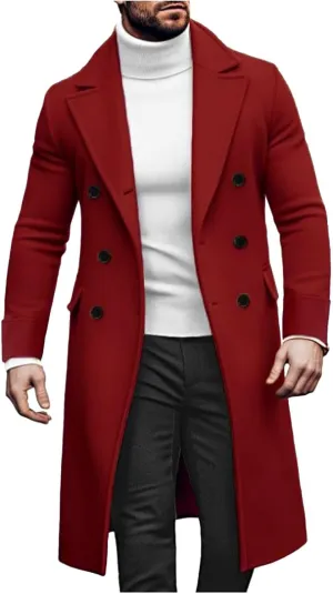 Men's Notched Collar Trench Coat Double Breasted Winter Warm Pea Coats Windbreaker Business Wool Blend Long Jacket