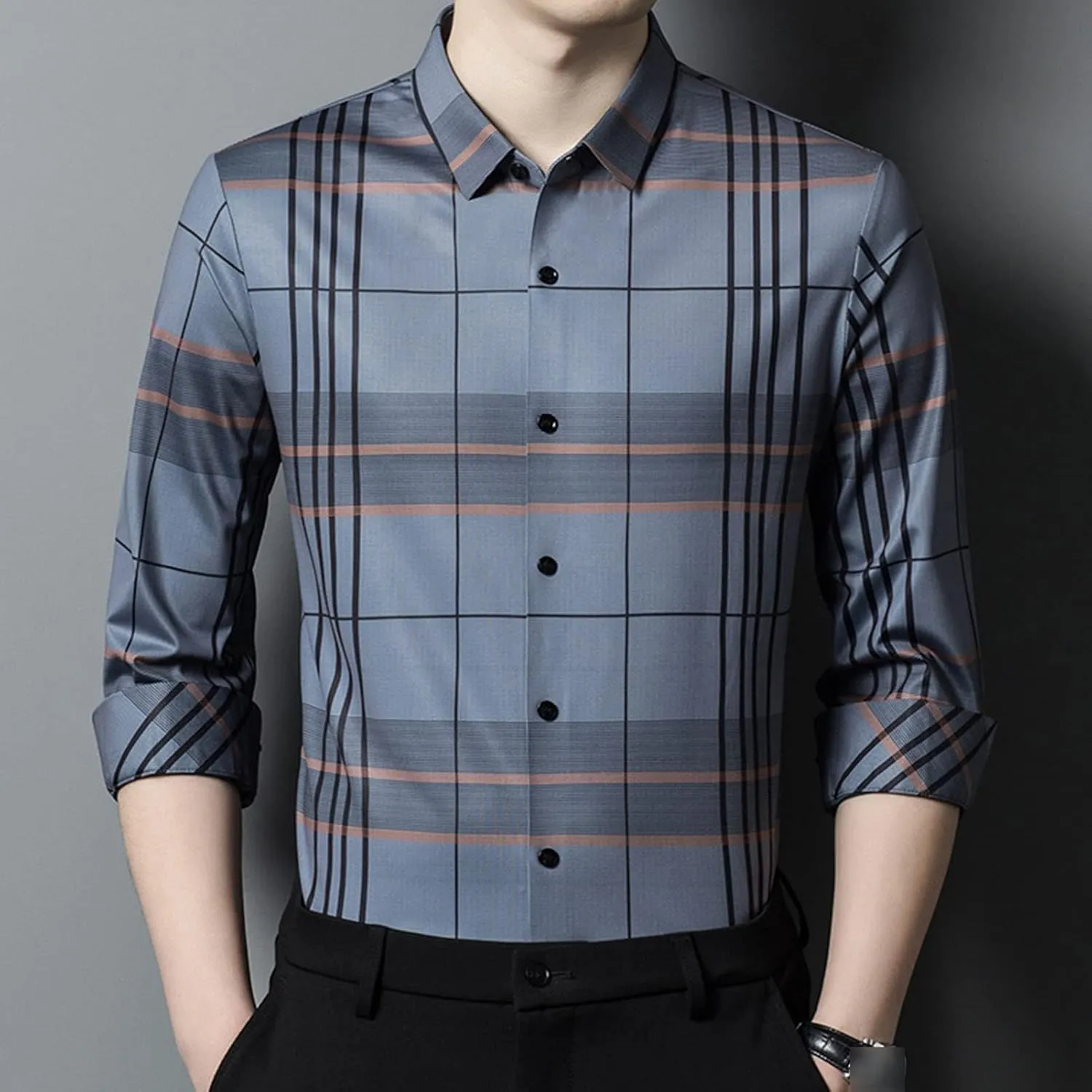 Men's Plaid Lapel Business Shirt Flannel Work Plaid Shirt Fashion Long Sleeve Plaid Button Down Shirts