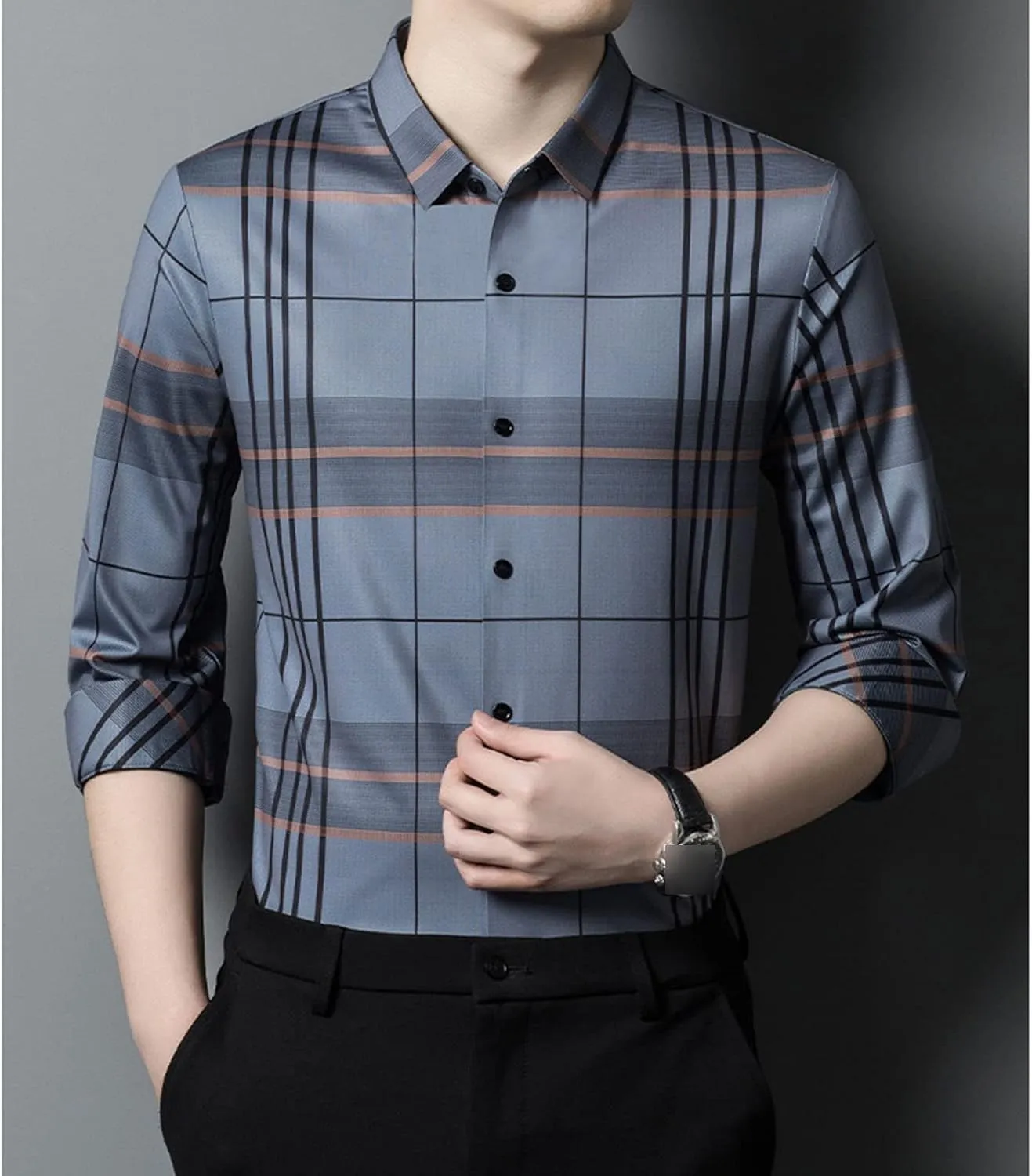 Men's Plaid Lapel Business Shirt Flannel Work Plaid Shirt Fashion Long Sleeve Plaid Button Down Shirts