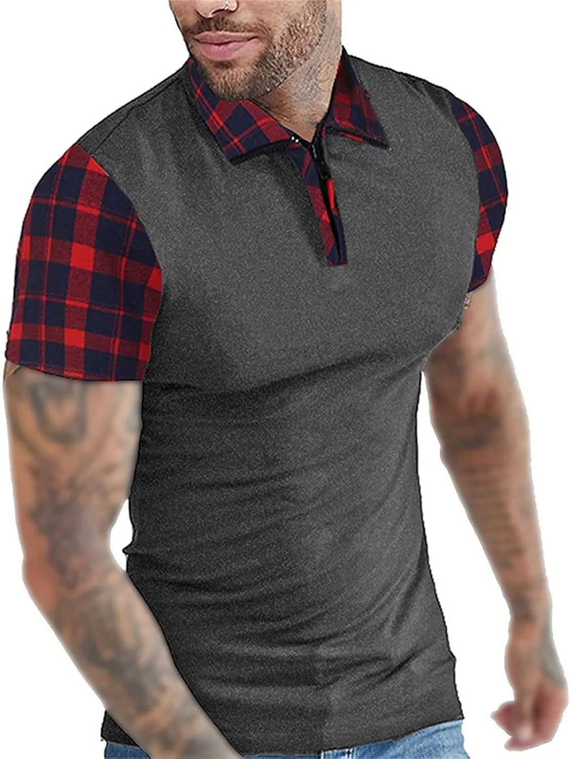 Men's Plaid Patchwork Polo Shirt Short Sleeve Slim Fit Zipper Jersey T-Shirts Casual Plaid Collar Golf Tee Shirt