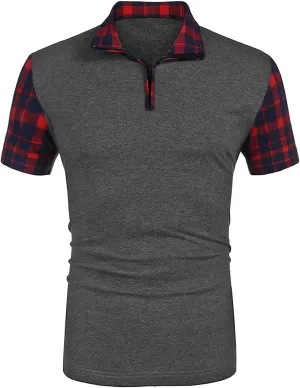 Men's Plaid Patchwork Polo Shirt Short Sleeve Slim Fit Zipper Jersey T-Shirts Casual Plaid Collar Golf Tee Shirt