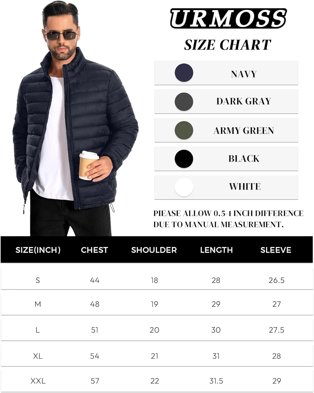 Men's Puffer Jacket Lightweight Warm Winter Jackets for Men Windproof Insulated Puffy Coat with 3 Pockets