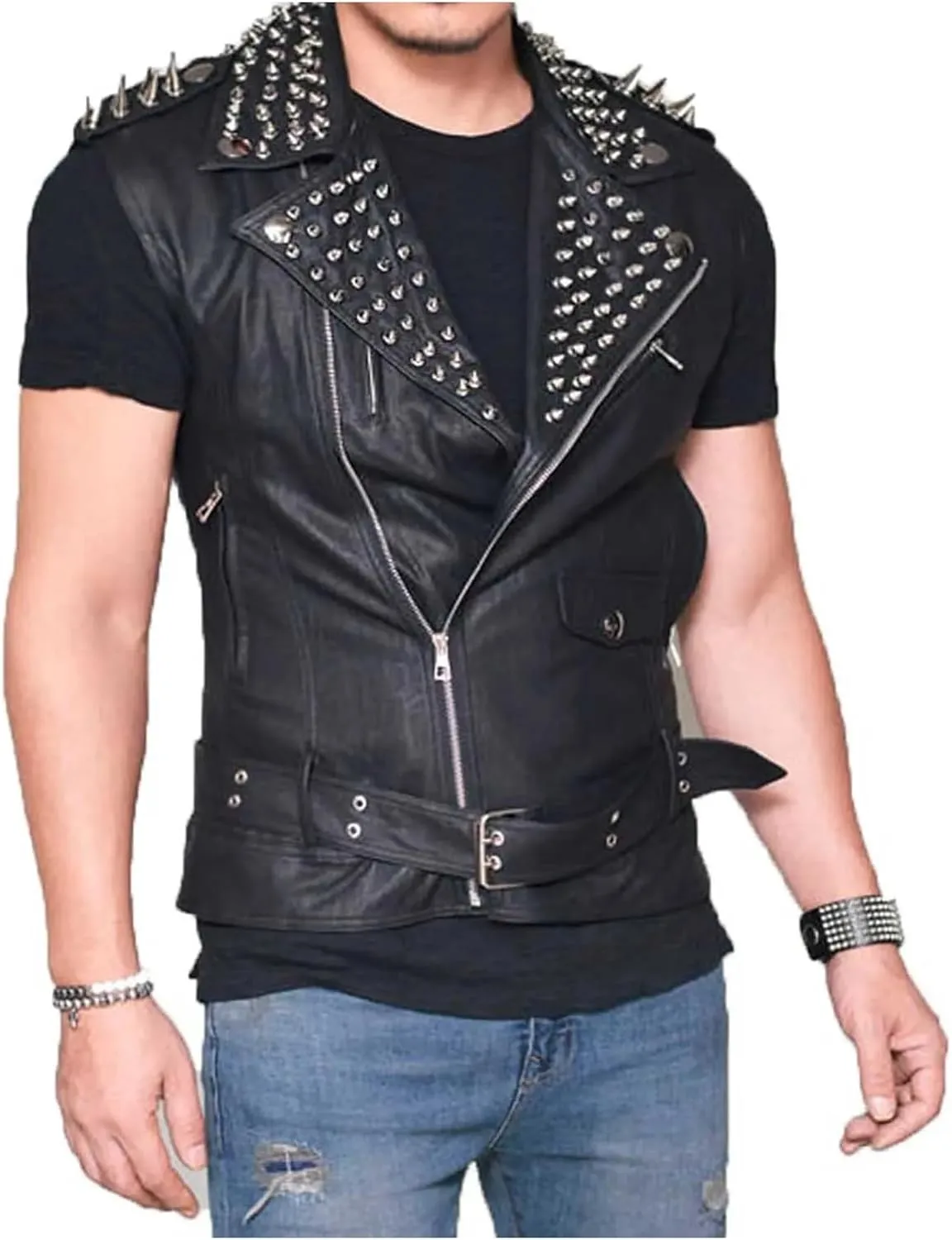 Mens Punk Rock Stud Leather Vest | Motorbike Brando Style Slimfit Leather Jacket