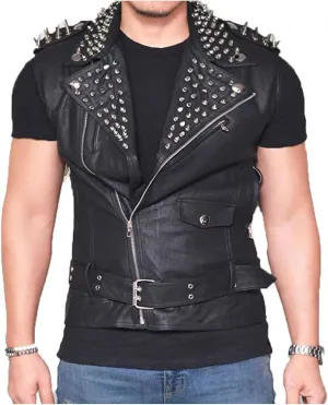 Mens Punk Rock Stud Leather Vest | Motorbike Brando Style Slimfit Leather Jacket