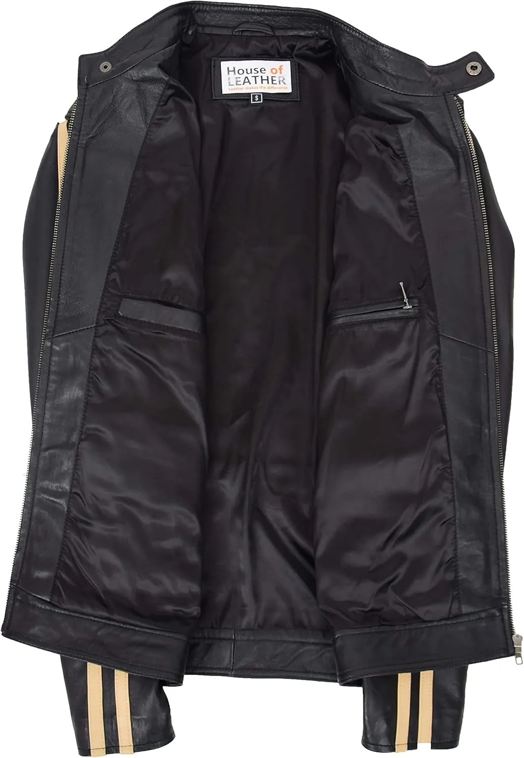Mens Real Leather Biker Jacket with Racing Stripes Clyde Black