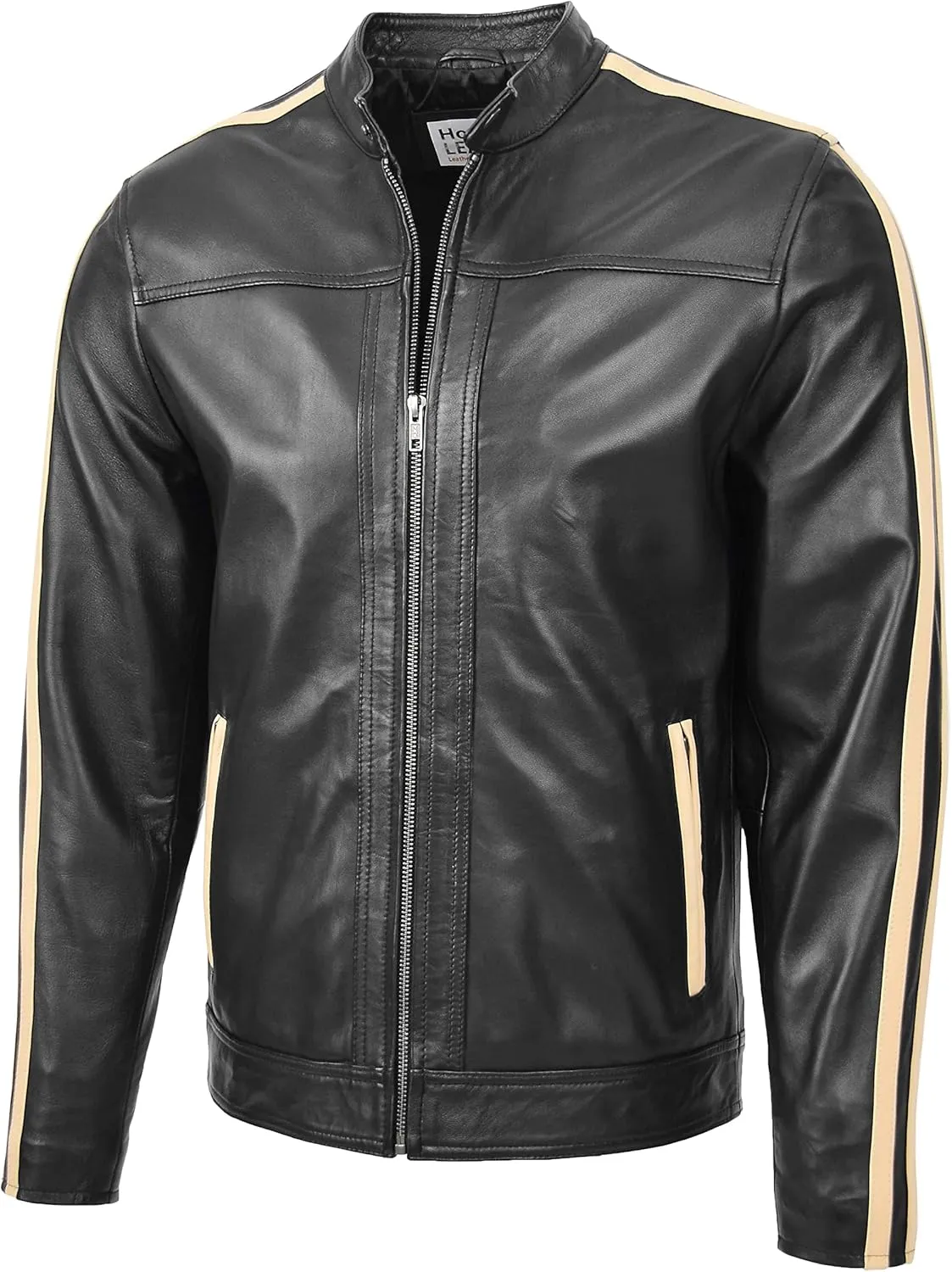 Mens Real Leather Biker Jacket with Racing Stripes Clyde Black