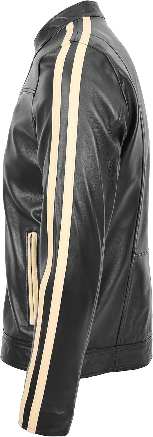 Mens Real Leather Biker Jacket with Racing Stripes Clyde Black