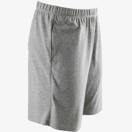 Men's short straight-cut cotton fitness shorts 100 with key pocket - grey