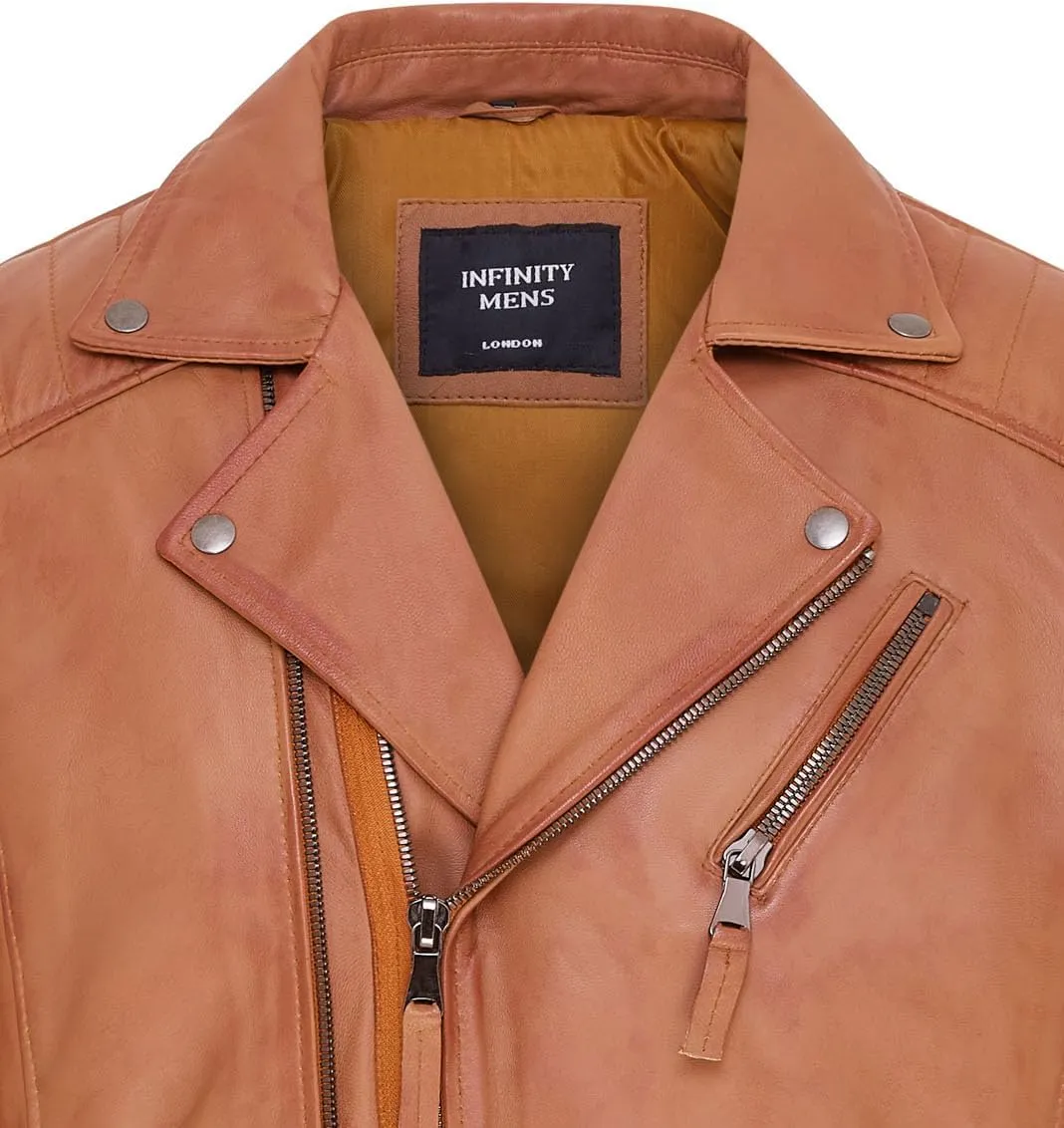 Mens Slim Fit Brando Style Double Cross Zip 100% Leather Biker Jacket