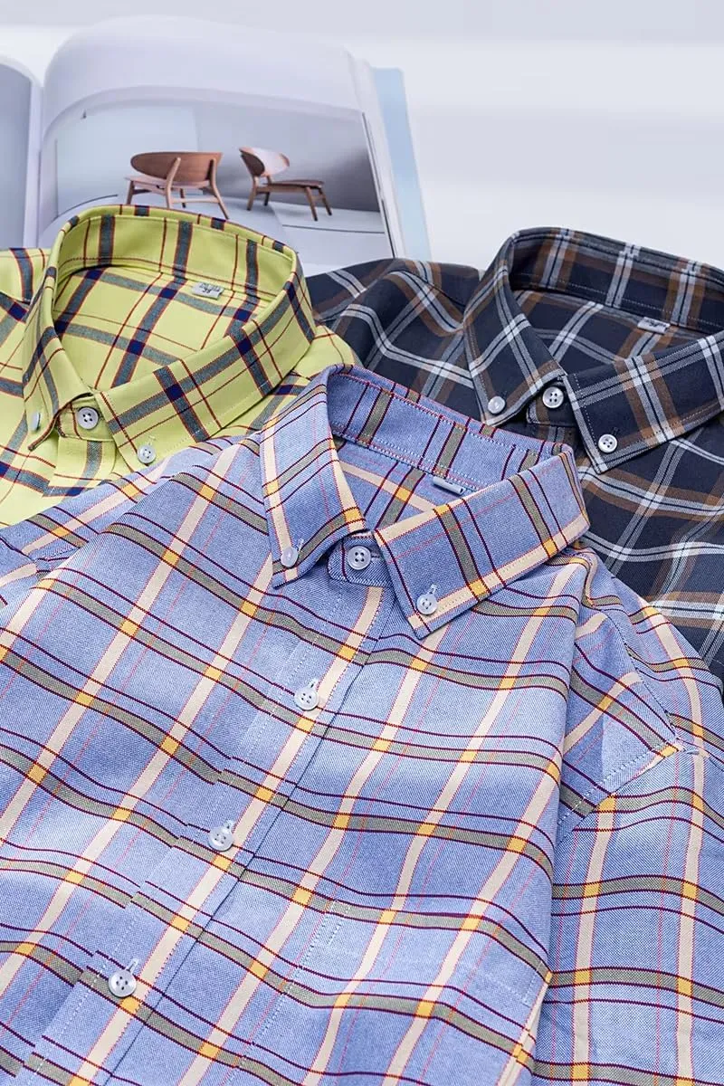 Men's Slim Fit Cotton Long Sleeve Oxford Shirt Casual Plaid Striped Top