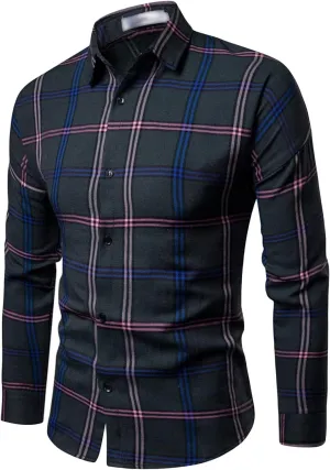 Men's Slim Long Sleeve Plaid Shirt Casual Plaid Button Up Shirts Regular Fashion Button Down Dress Shirt