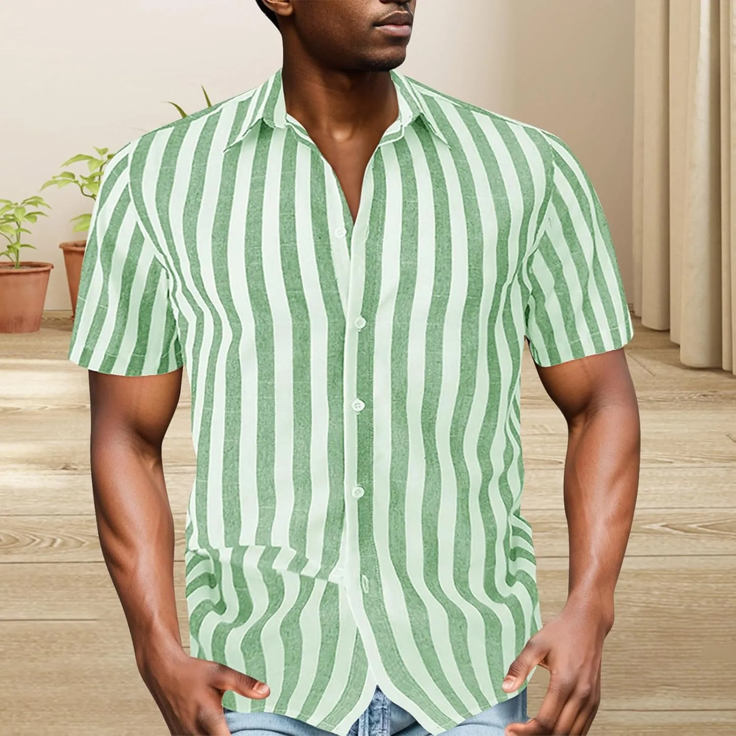 Mens Stripe Shirts, Cotton Bowling Shirts for Men Short Sleeve Button Down Shirts Tropical Holiday Beach Shirts