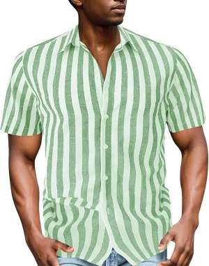 Mens Stripe Shirts, Cotton Bowling Shirts for Men Short Sleeve Button Down Shirts Tropical Holiday Beach Shirts